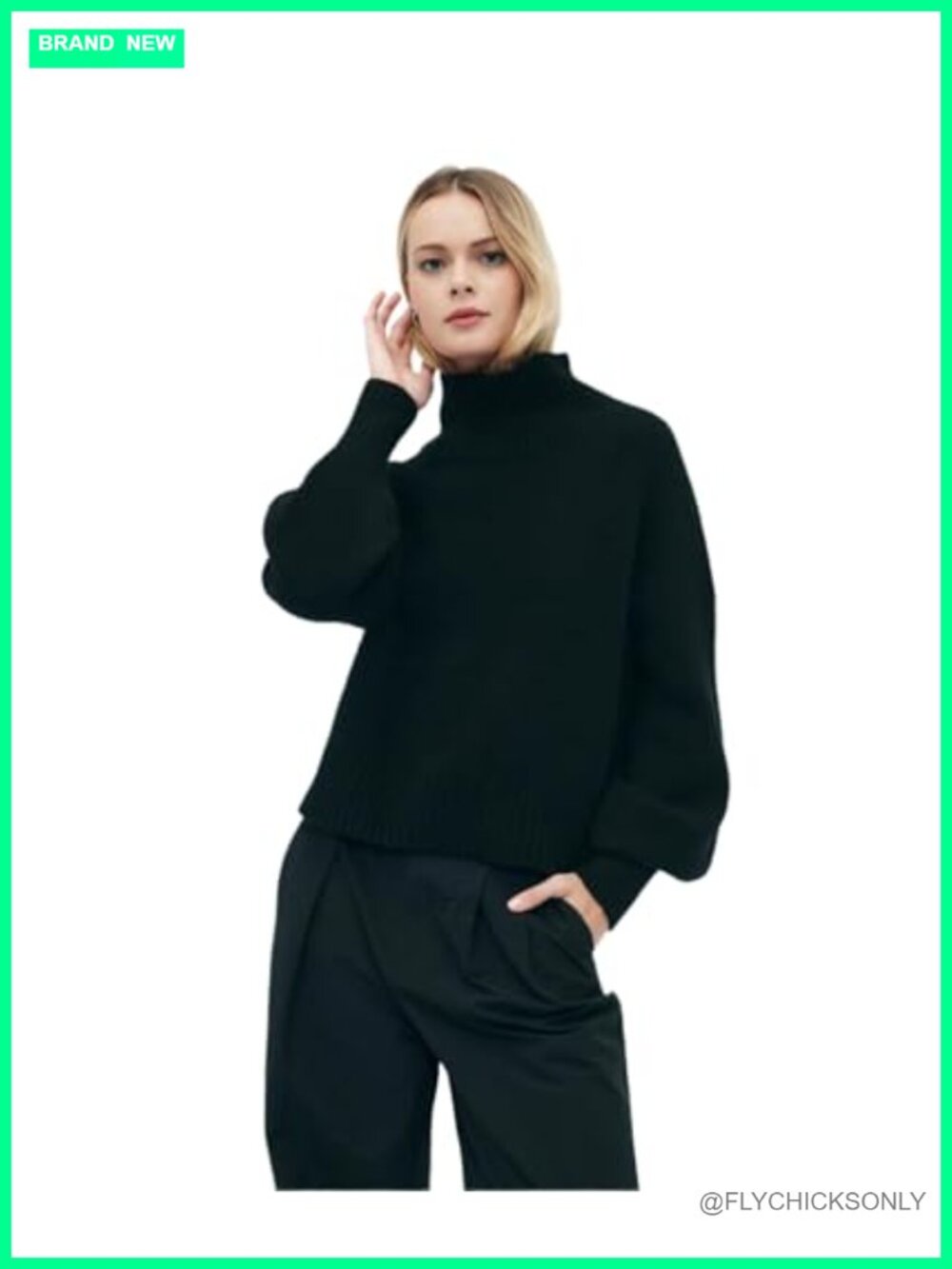 100% Cashmere Oversized Turtleneck Pullover Sweater Balloon Sleeve